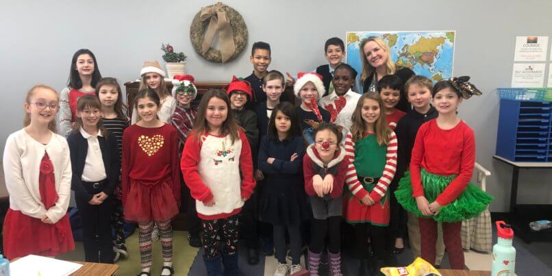 Class wearing red and green for the holidays